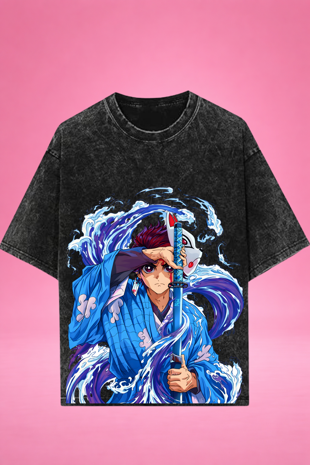 Aqua Blade Awakening Demon Slayer Acid Wash Oversized T-Shirt