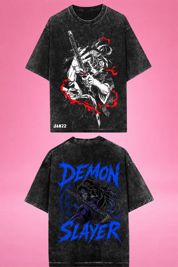 Moon-Blood Ascension Kokushibo Acid Wash Oversized T-Shirt