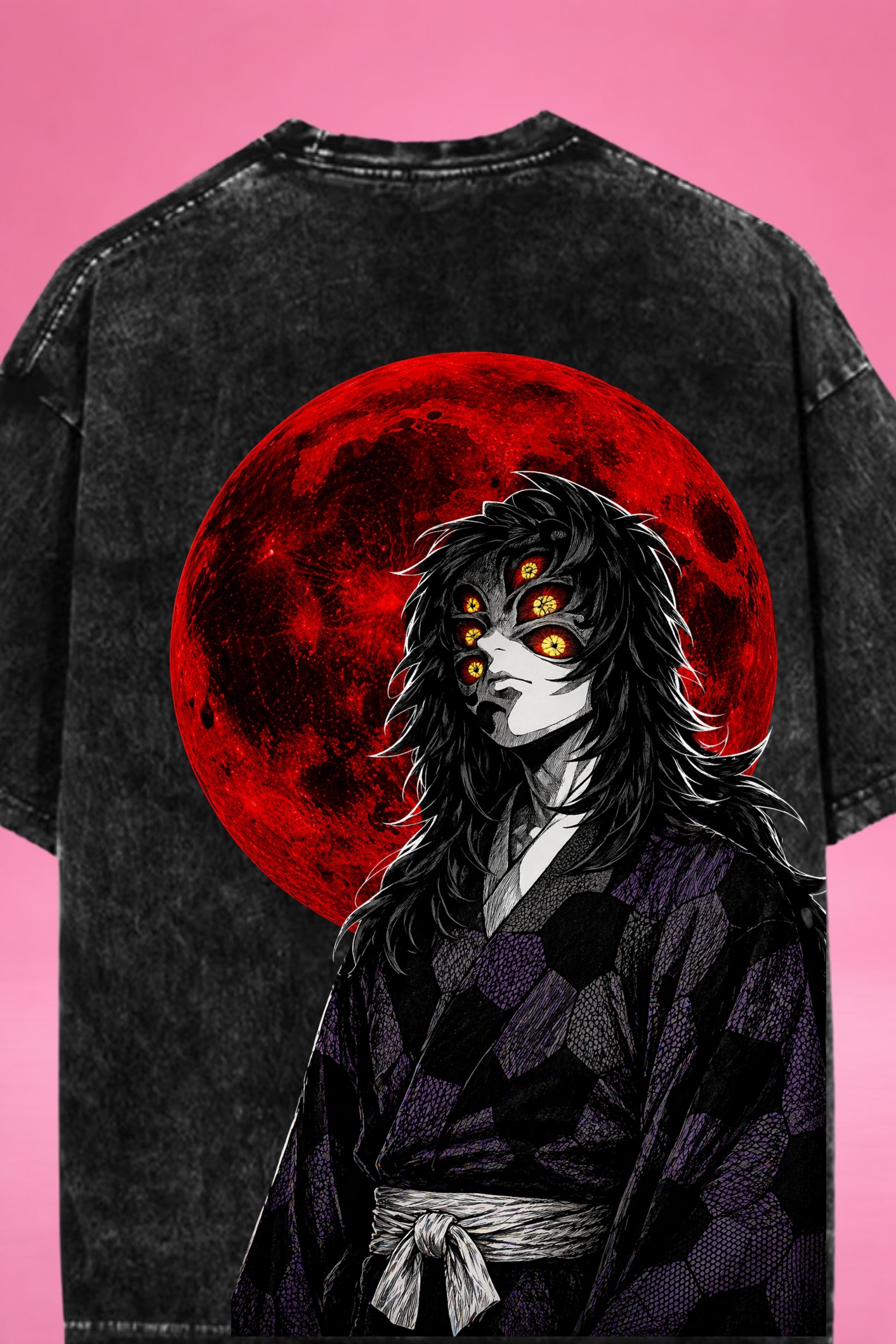 Moon of Six Eyes Kokushibo Demon Slayer Acid Wash Oversized T-Shirt
